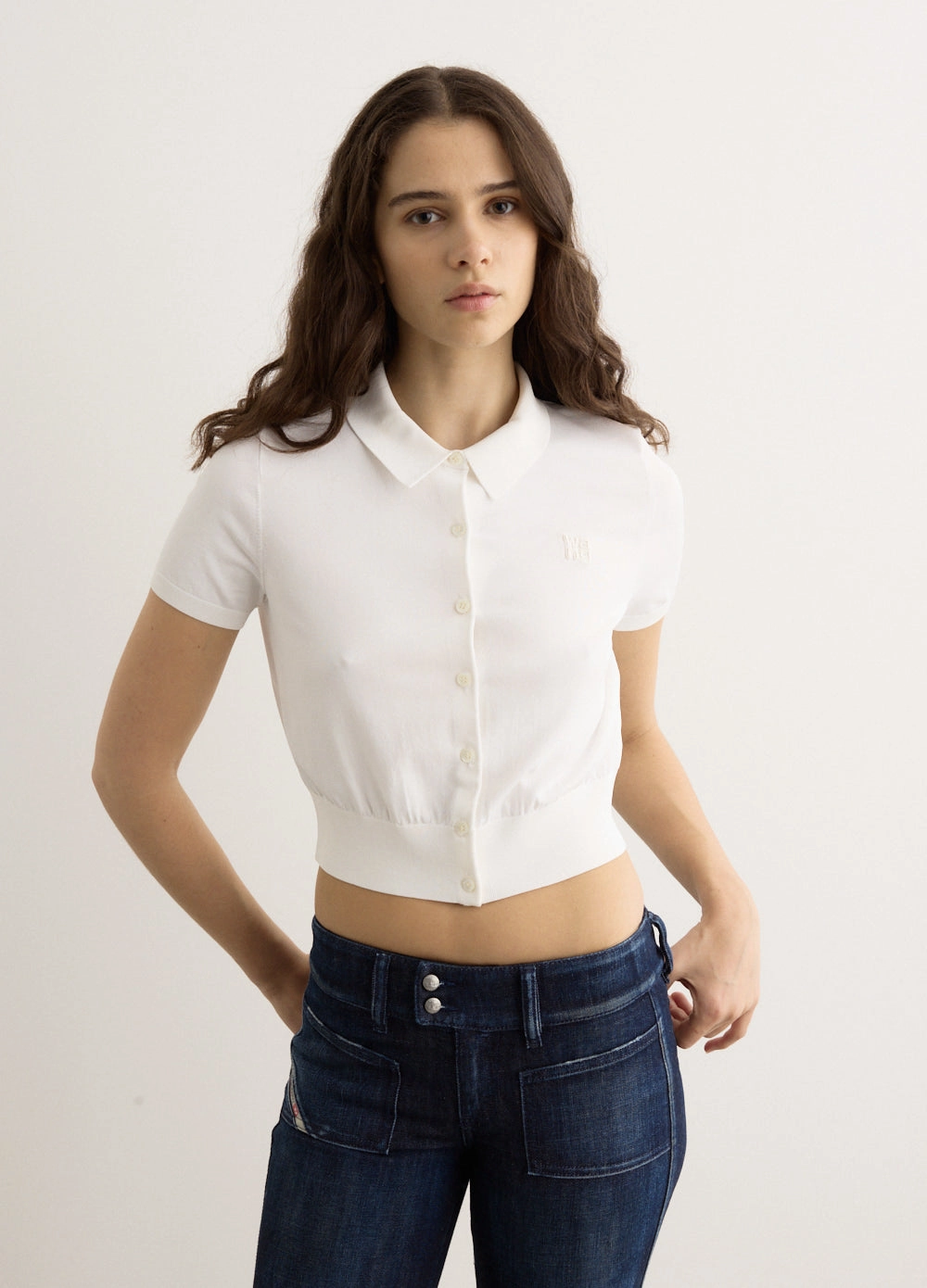 Easy Comfort Seamless construction Short Sleeve Polo Cardigan With Embroidered Logo