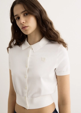 Seamless Sides Trendsetting Design Short Sleeve Polo Cardigan With Embroidered Logo