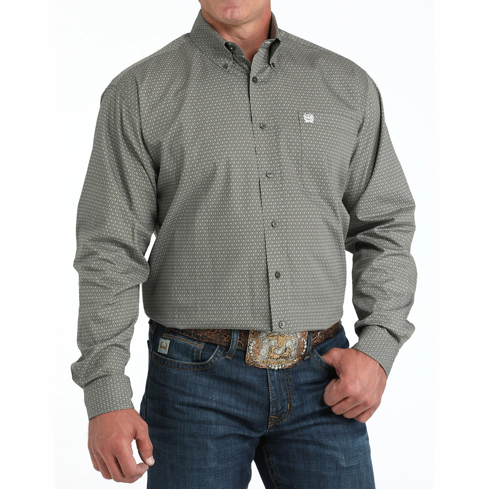 Cinch Men's Olive Diamond Print Shirt Seamless Side Panels