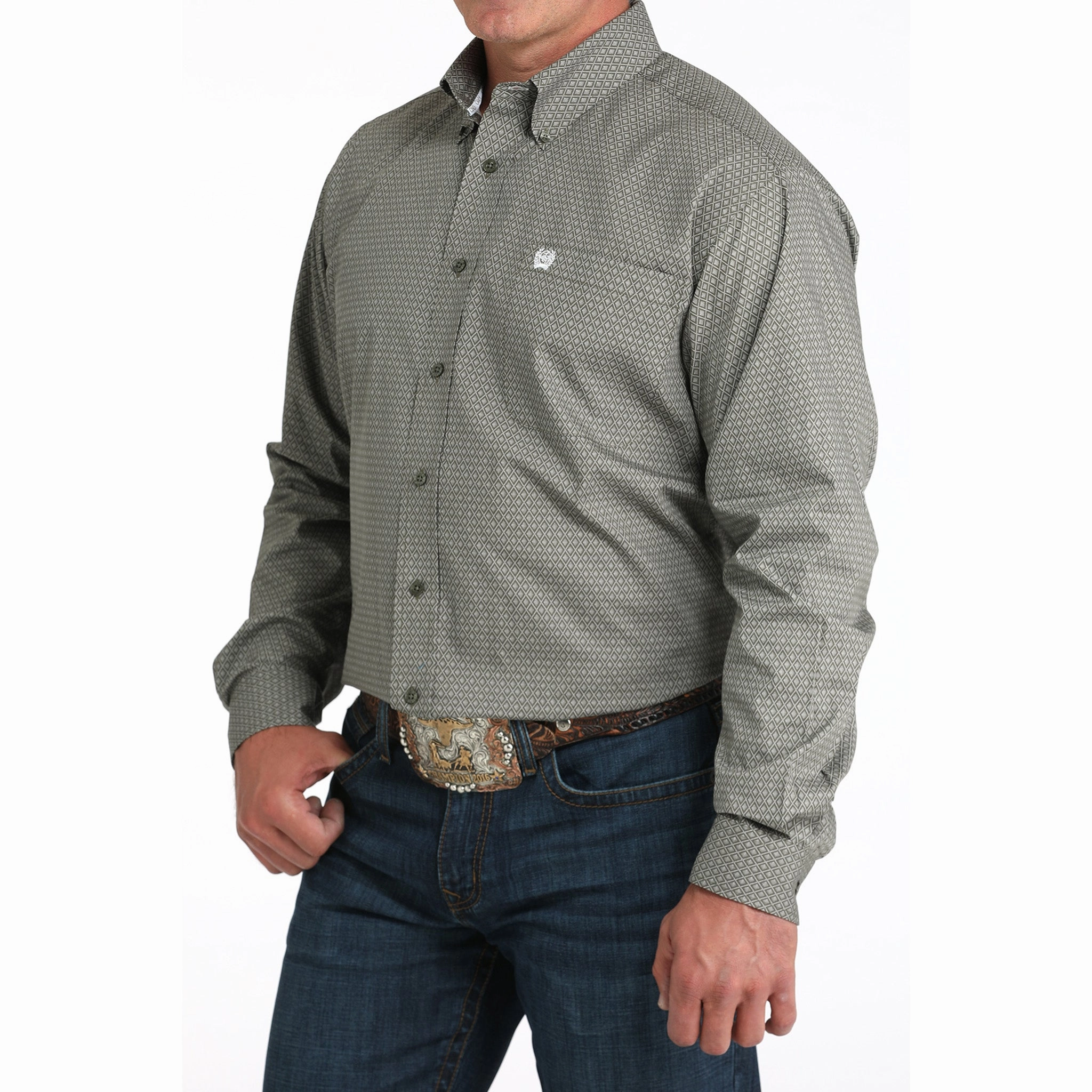 Cinch Men's Olive Diamond Print Shirt Holiday Travel