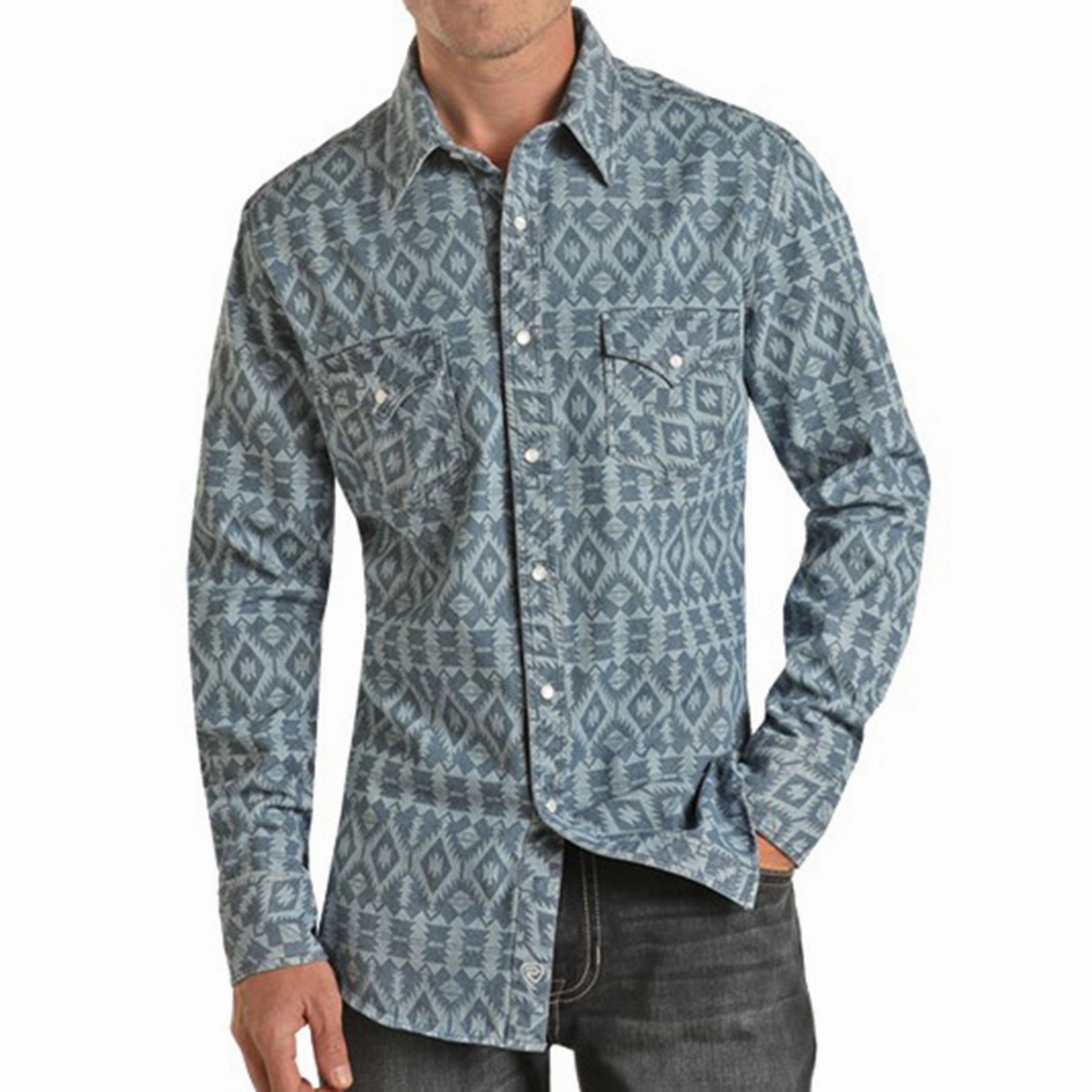 Rock & Roll Men's Denim Aztec Snap Shirt Weekend Adventure Anniversary Special