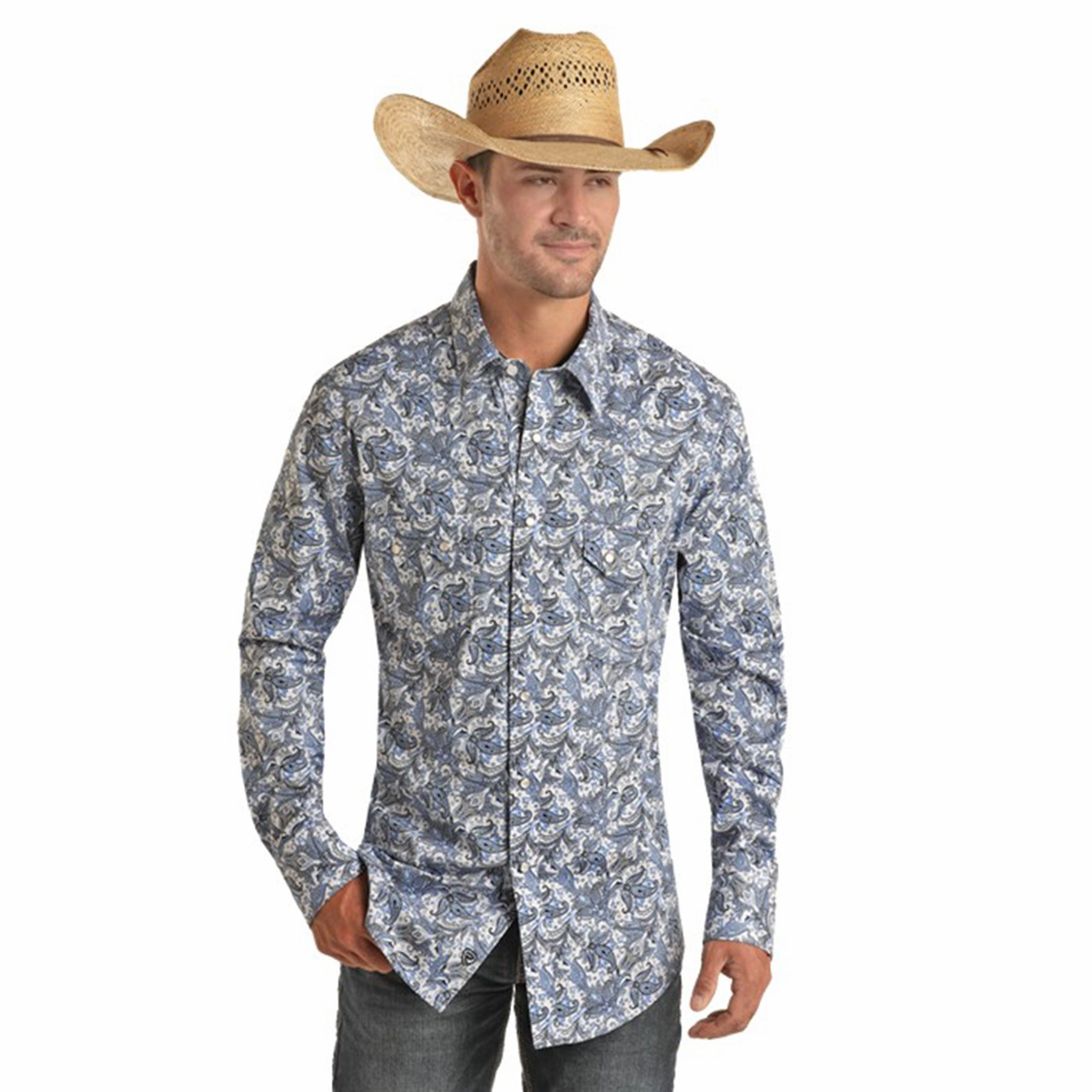 Rock & Roll Men's Blue Paisley Long Sleeve Shirt Stylish Design