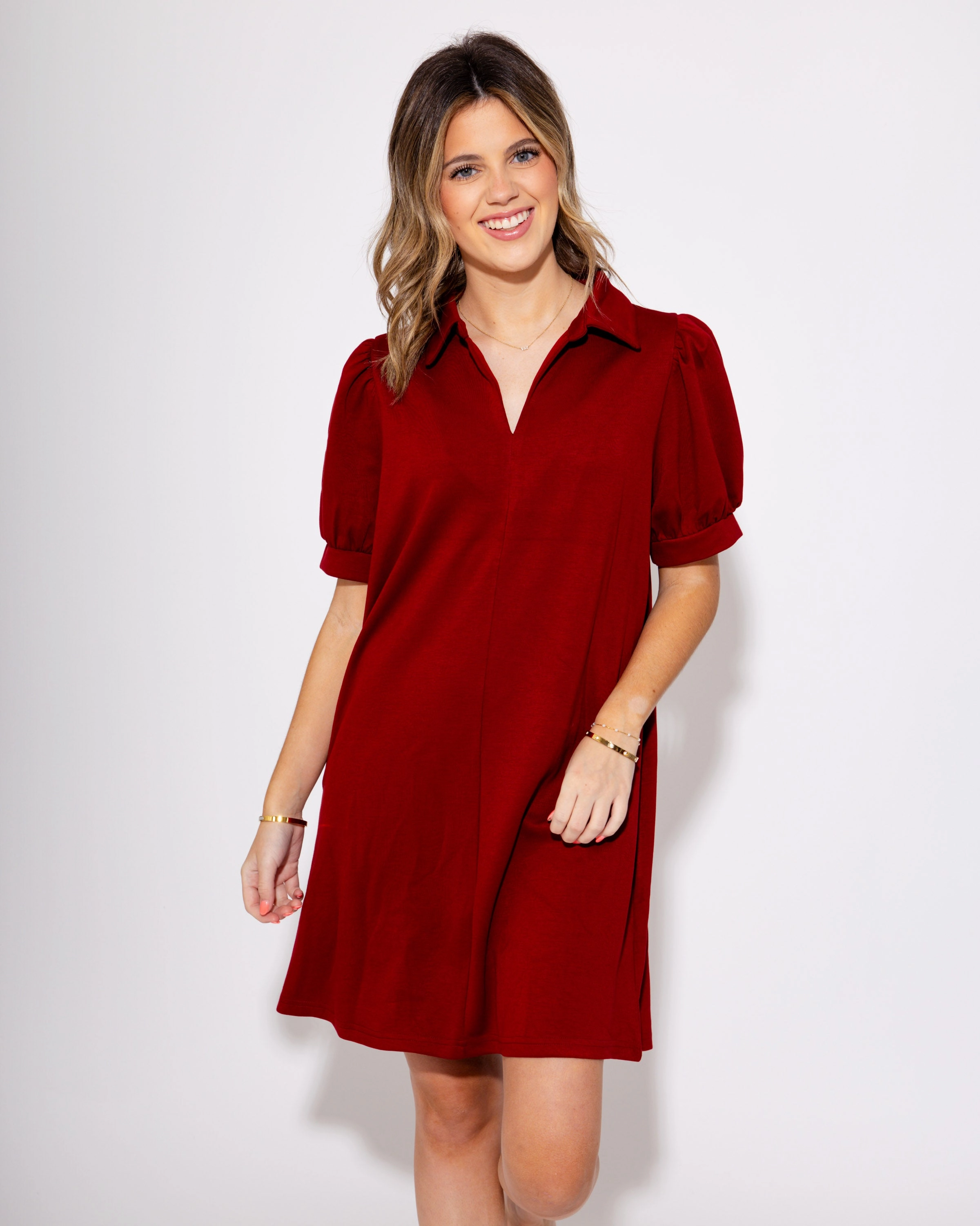 Burgundy Lane Split Neck Short Sleeve Mini Dress Relaxed Fit