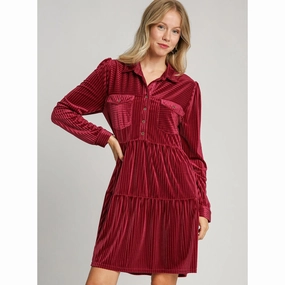 Weekend Feel Versatile-Style Women's Berry Striped Velvet Dress