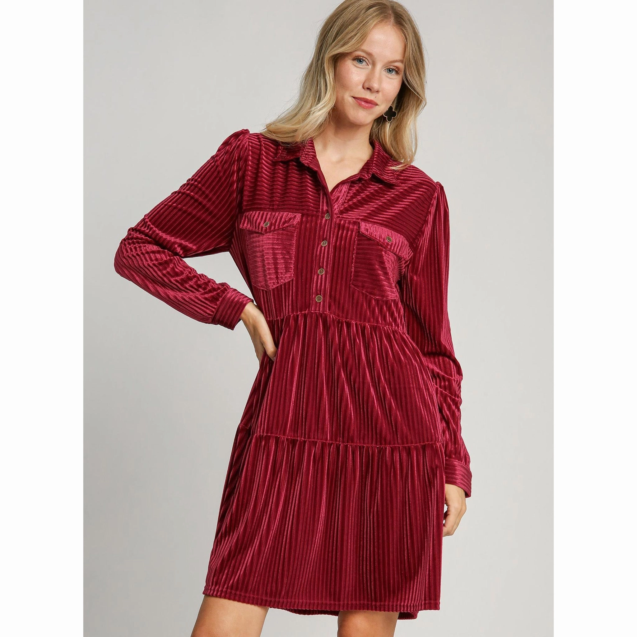 Weekend Feel Versatile-Style Women's Berry Striped Velvet Dress