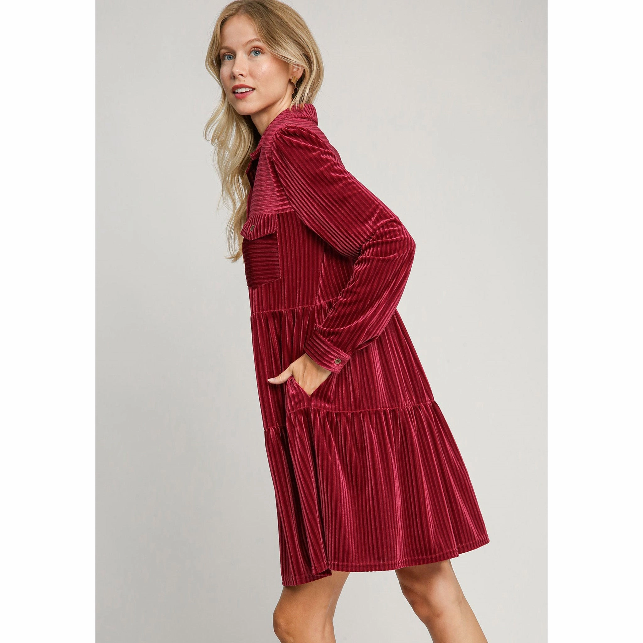 Effortless Elegance Women's Berry Striped Velvet Dress