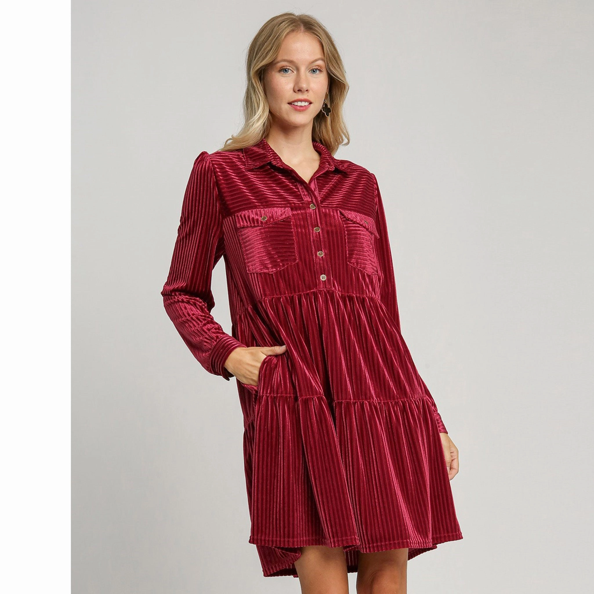 Basic Mood Formal-look Women's Berry Striped Velvet Dress