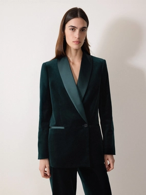 Athleisure Inspired Elasticized Waist Velvet Satin Shawl Blazer | Green