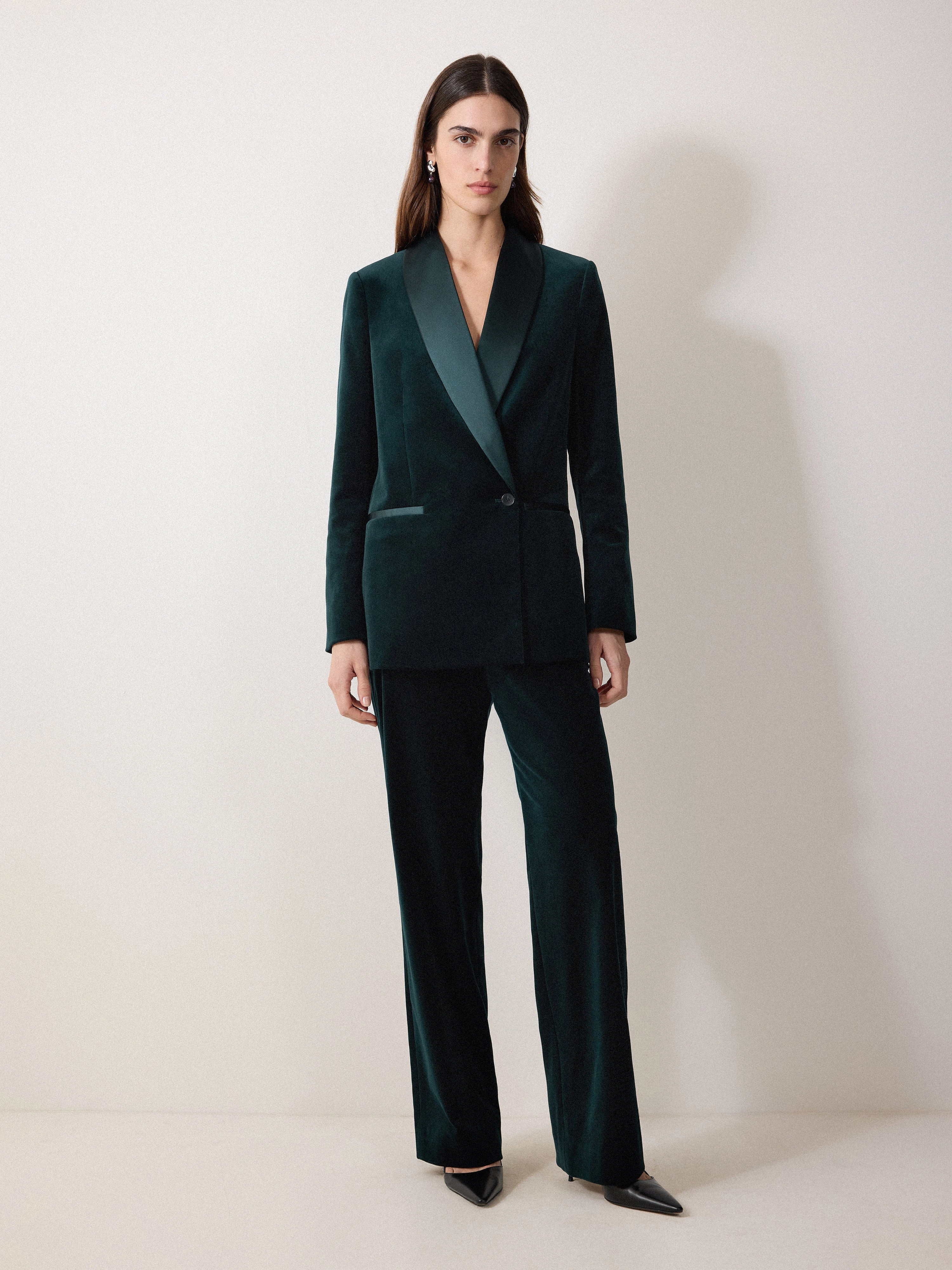 Elasticized Waist Velvet Satin Shawl Blazer | Green Runway Inspired