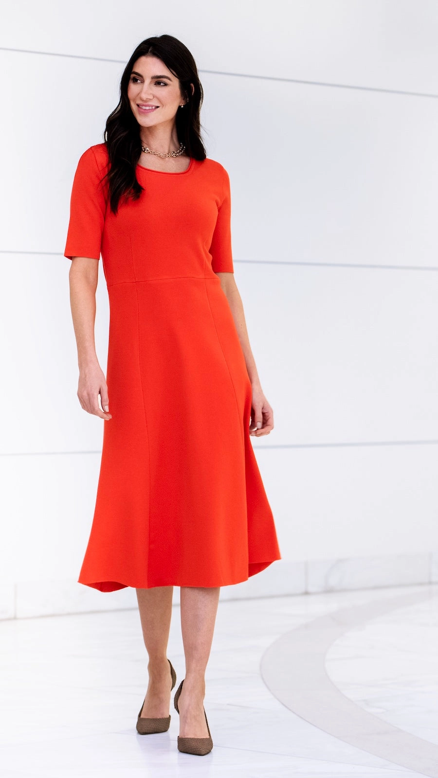 Guest Shine Nora Milano Knit Short Sleeved Fit-And-Flare Midi Dress - Bright Orange / Fall Pre-Order