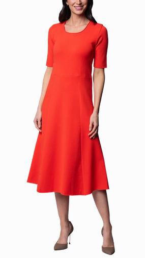 Romance Glow Nora Milano Knit Short Sleeved Fit-And-Flare Midi Dress - Bright Orange / Fall Pre-Order
