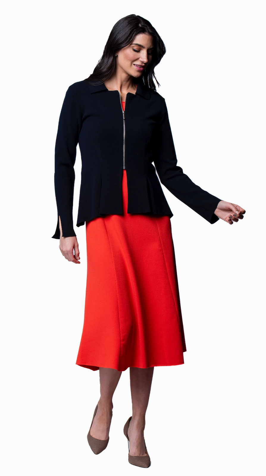 Nora Milano Knit Short Sleeved Fit-And-Flare Midi Dress - Bright Orange / Fall Pre-Order Balanced Look Light Layers