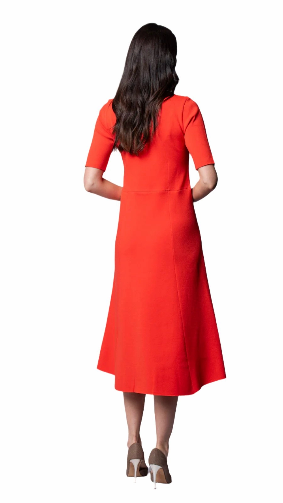 Nora Milano Knit Short Sleeved Fit-And-Flare Midi Dress - Bright Orange / Fall Pre-Order Texture Blend Smooth Detail