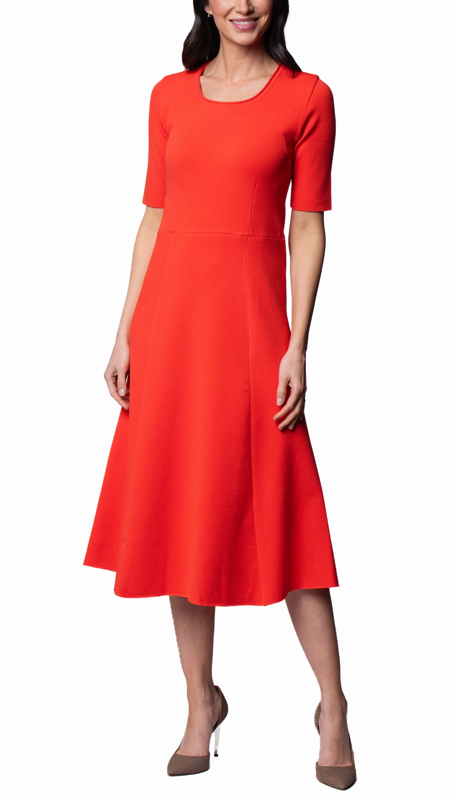 Romance Glow Nora Milano Knit Short Sleeved Fit-And-Flare Midi Dress - Bright Orange / Fall Pre-Order