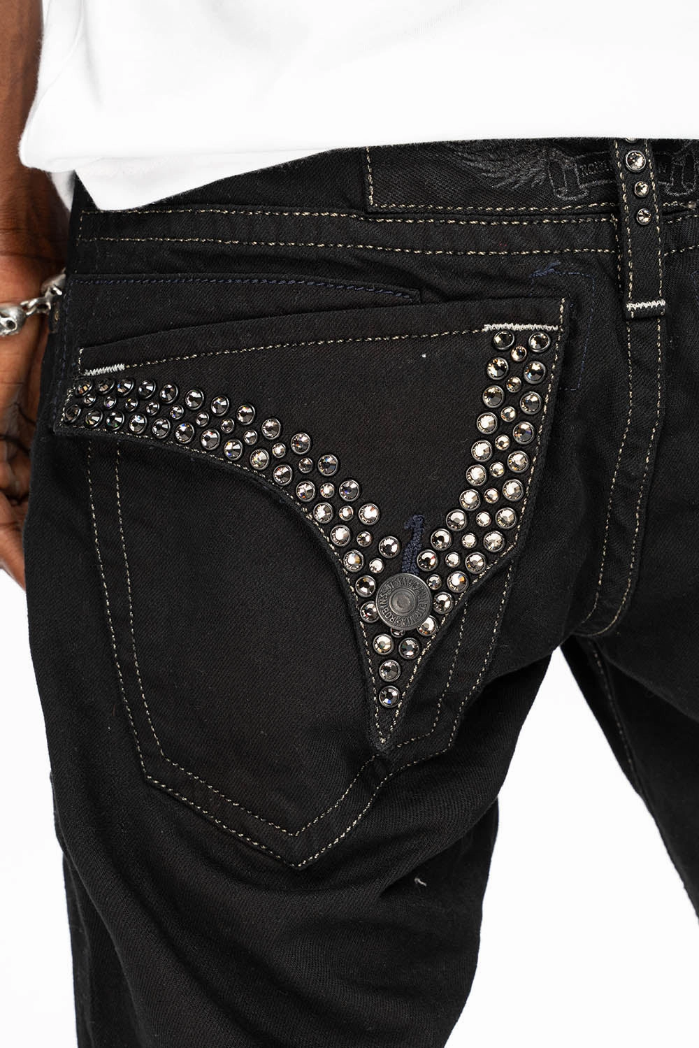 Spring Mood Bold Look LIMITED EDITION MENS SHORTS WITH  FLAP POCKETS IN PURE BLK WASH WITH BLK DIAMOND CRYSTALS