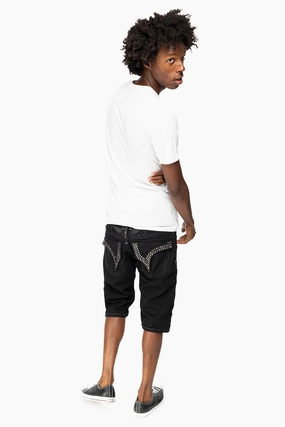 LIMITED EDITION MENS SHORTS WITH  FLAP POCKETS IN PURE BLK WASH WITH BLK DIAMOND CRYSTALS Tailored Design High Durability