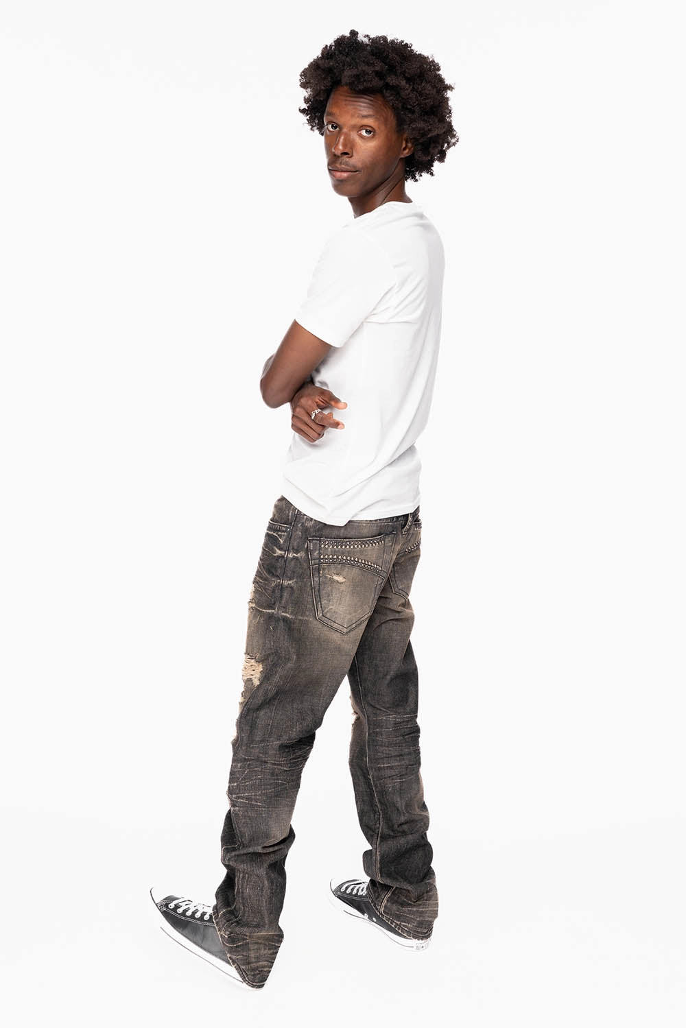 LIMITED EDITION STRAIGHT LEG  JEANS IN CHARCOAL MODOC BROKEN WASH WITH CRYSTALS AND  NAILHEAD Style Statement