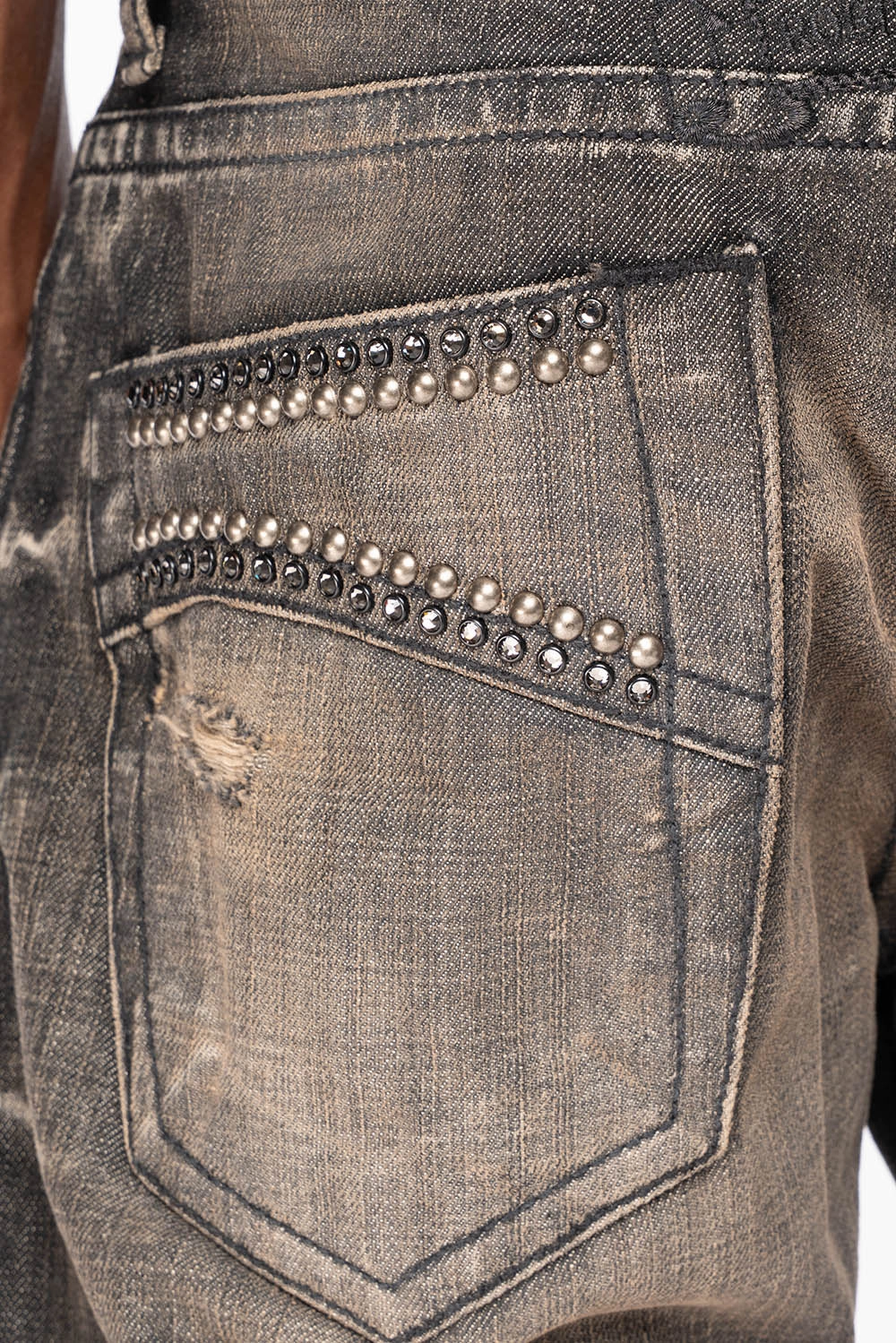 LIMITED EDITION STRAIGHT LEG  JEANS IN CHARCOAL MODOC BROKEN WASH WITH CRYSTALS AND  NAILHEAD Weekend Warrior Luxury Athlete Fit Suitable Fit
