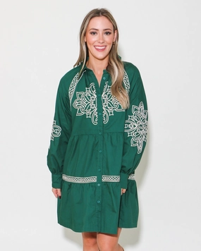 Flowing Layers Layered Comfort Wear Embroidered Button Down Mini Dress