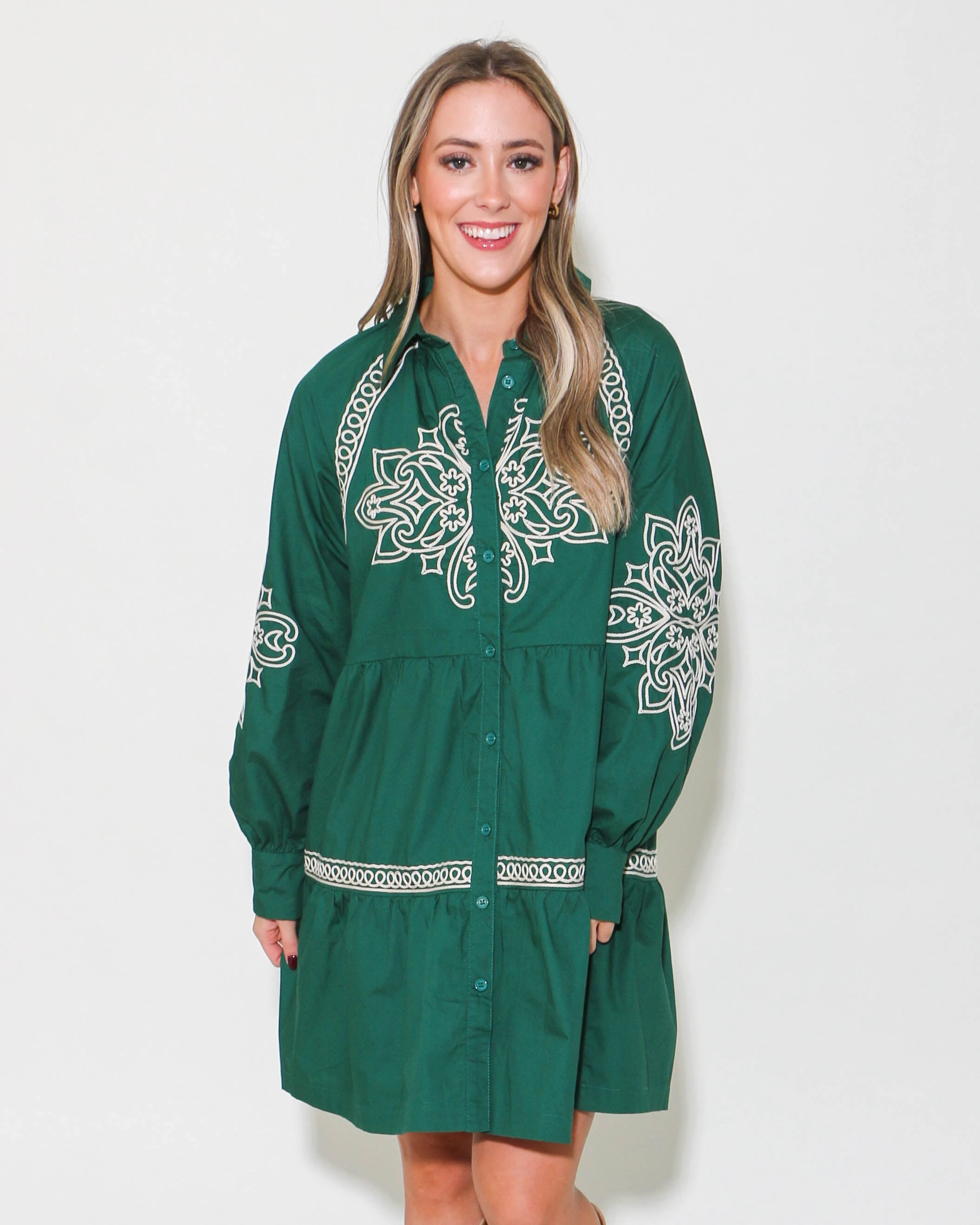 Flowing Layers Layered Comfort Wear Embroidered Button Down Mini Dress