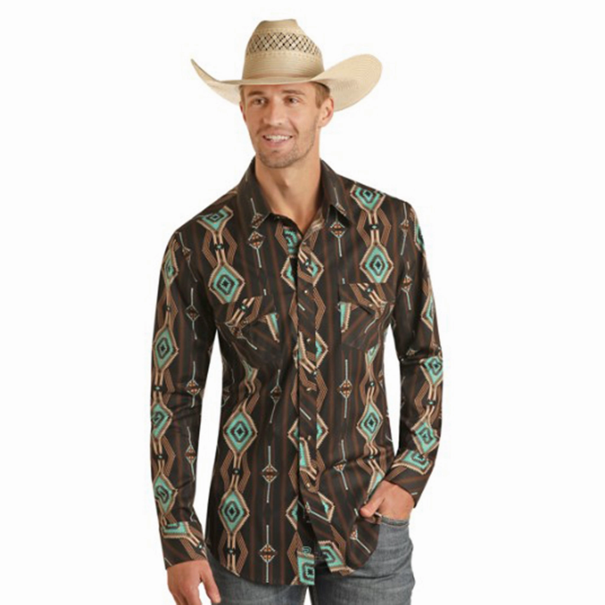 Rock & Roll Men's Black & Turquoise Aztec Long Sleeve Active Lifestyle
