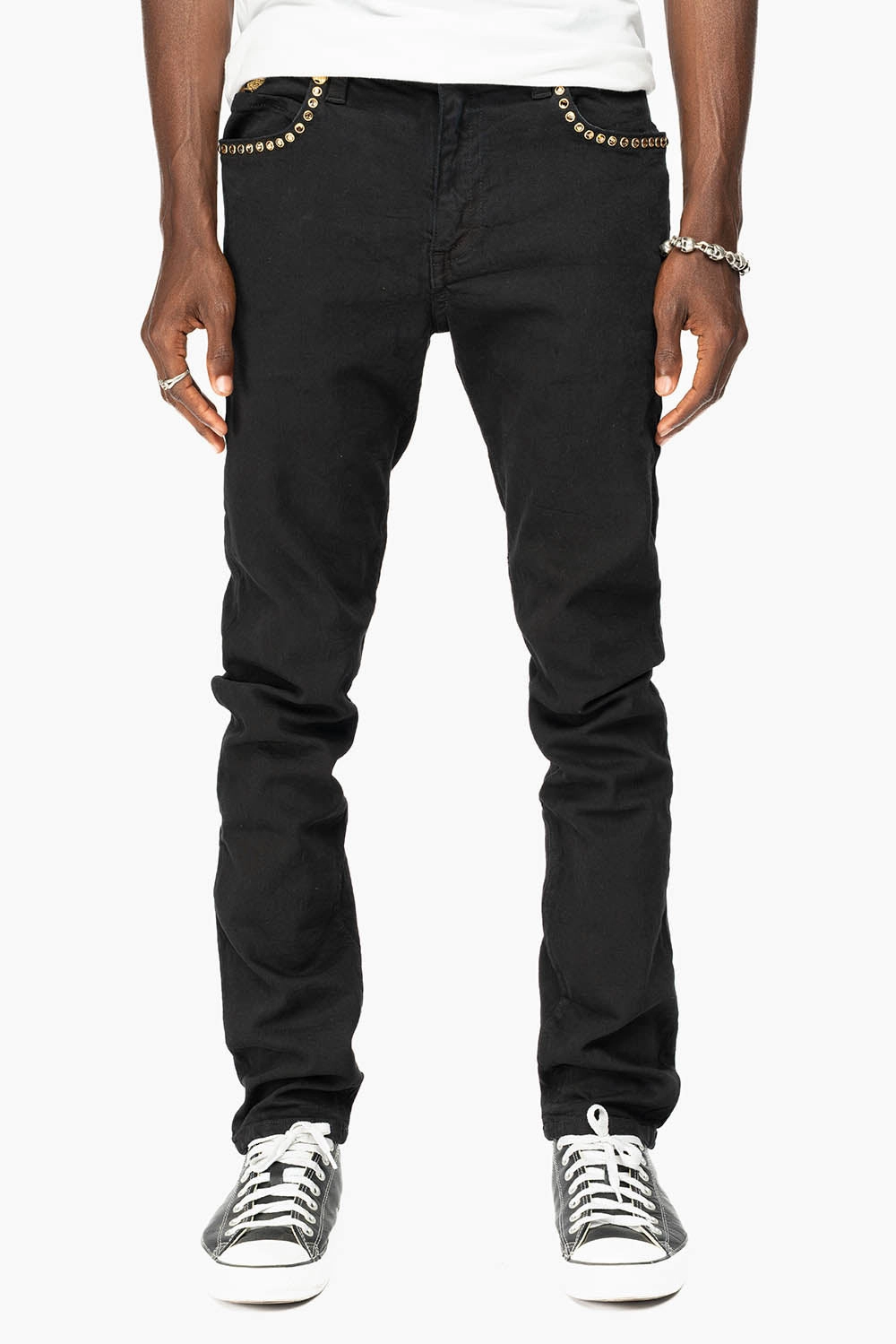 SKINNY JEAN IN PURE BLACK WITH GOLD O.E. LOGO EMBELISHED WITH SMOKY TOPAZ CRYSTALS Comfy Design Quick Dry Technology