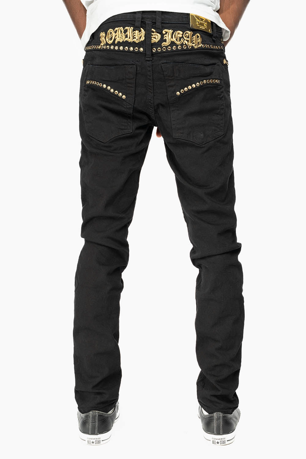 SKINNY JEAN IN PURE BLACK WITH GOLD O.E. LOGO EMBELISHED WITH SMOKY TOPAZ CRYSTALS Tailored Style
