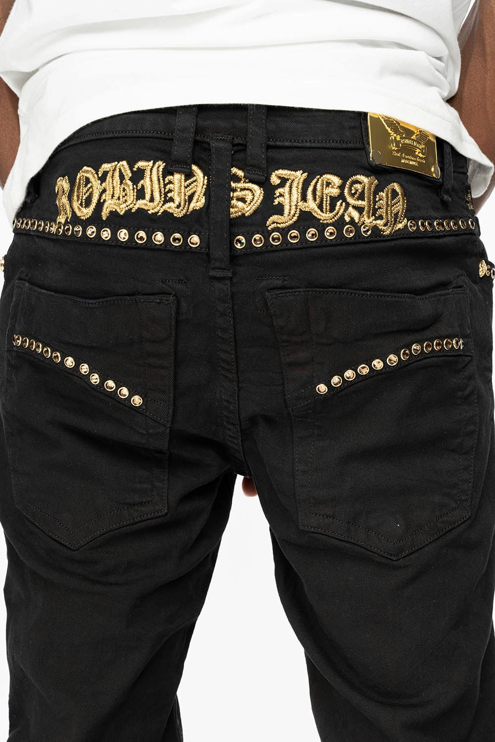 Holiday Vibes Date Night Lightweight SKINNY JEAN IN PURE BLACK WITH GOLD O.E. LOGO EMBELISHED WITH SMOKY TOPAZ CRYSTALS