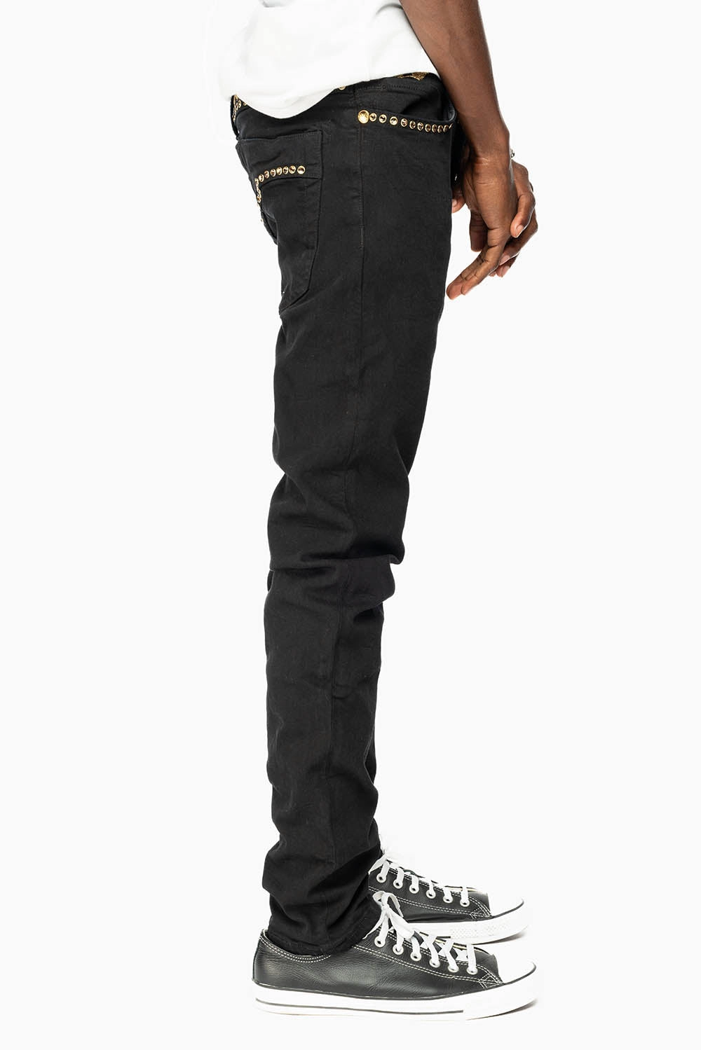 SKINNY JEAN IN PURE BLACK WITH GOLD O.E. LOGO EMBELISHED WITH SMOKY TOPAZ CRYSTALS Weekend Warrior Creative Look Modern Modern Earthy