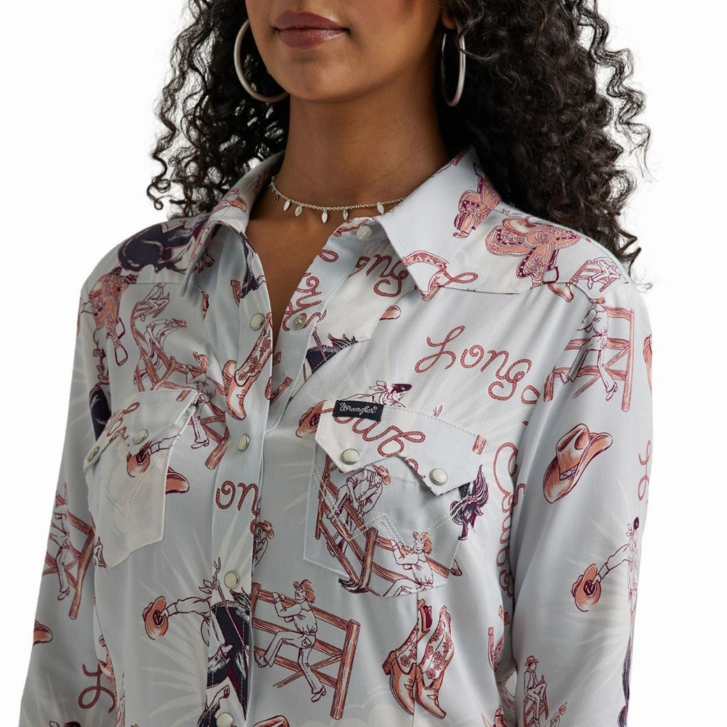 Double Layered Hem Reinforcement Wrangler Women's Blue Retro Pearl Snap Long Sleeve