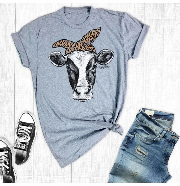 RibbedTrim Rebel Rose Cow Head with Leopard Bandana Graphic Tee