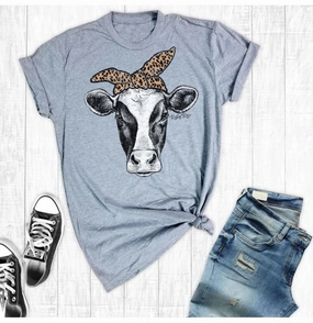 RibbedTrim Rebel Rose Cow Head with Leopard Bandana Graphic Tee