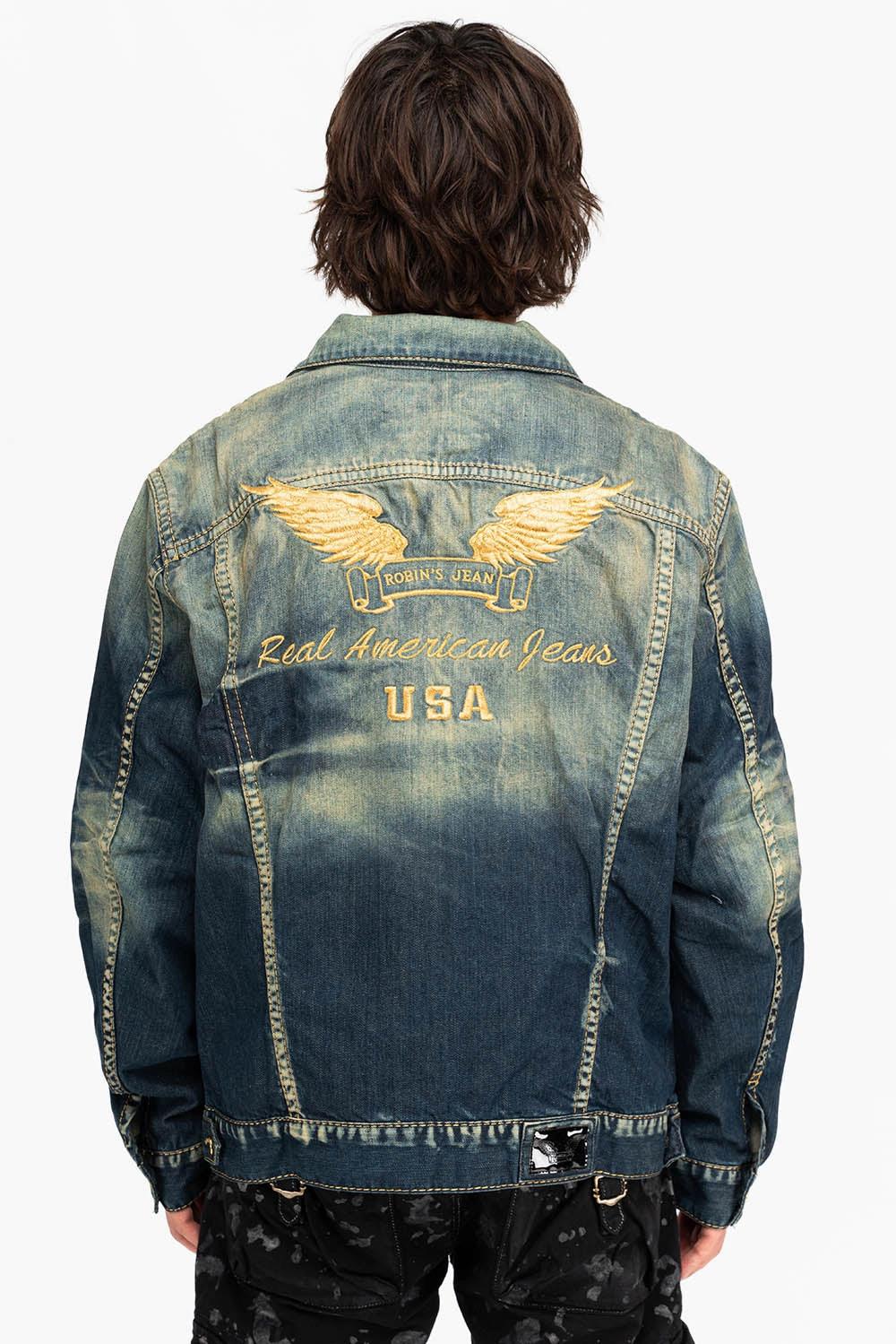 Anti Static Treatment MENS DENIM JACKET IN ALBANY DARK WITH GOLD STITCHING AND WINGS