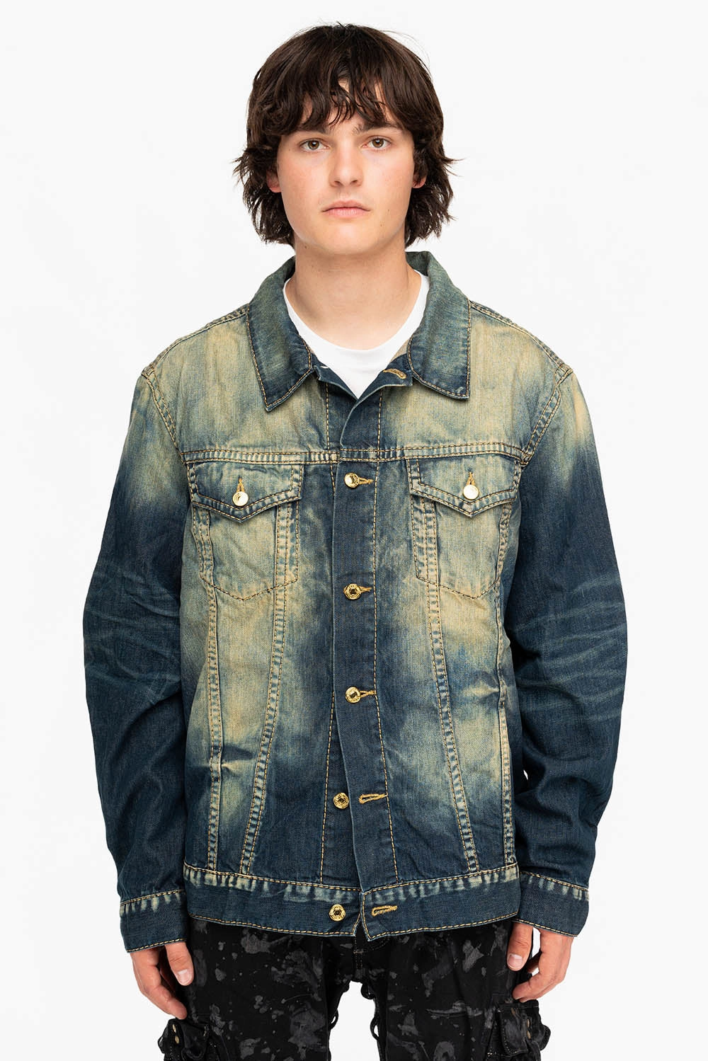 MENS DENIM JACKET IN ALBANY DARK WITH GOLD STITCHING AND WINGS Effortless Travel Wear NonRestrictiveCut