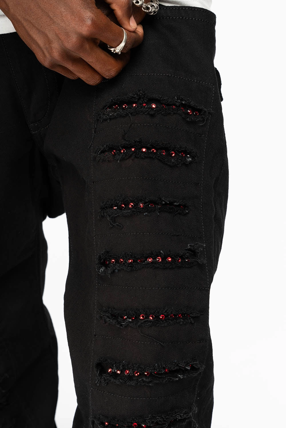 GYPSY  REPAIRED STRAIGHT LEG JEANS LIMITED EDITION IN PURE BLK AND EMBELLISHED WITH RED CRYSTALS Brunch Outfit Trend Setter Stylish Vibrant