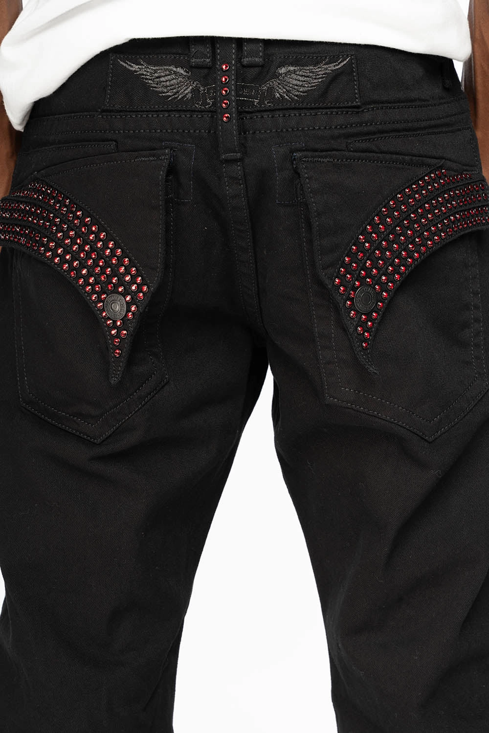 Athlete Fit Modern Autumn Days Abrasion Resistant Denim GYPSY  REPAIRED STRAIGHT LEG JEANS LIMITED EDITION IN PURE BLK AND EMBELLISHED WITH RED CRYSTALS