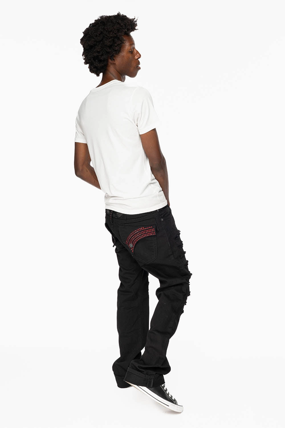 GYPSY  REPAIRED STRAIGHT LEG JEANS LIMITED EDITION IN PURE BLK AND EMBELLISHED WITH RED CRYSTALS Smart Casual Neutral True Fit