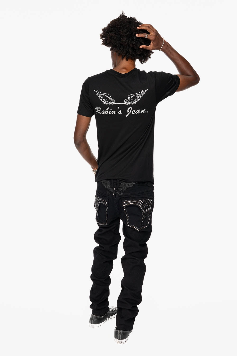 Classic Five Pocket Design Daily Go-To KILLER FLAP SKINNY JEANS IN PURE BLACK WASH WITH CRYSTALS