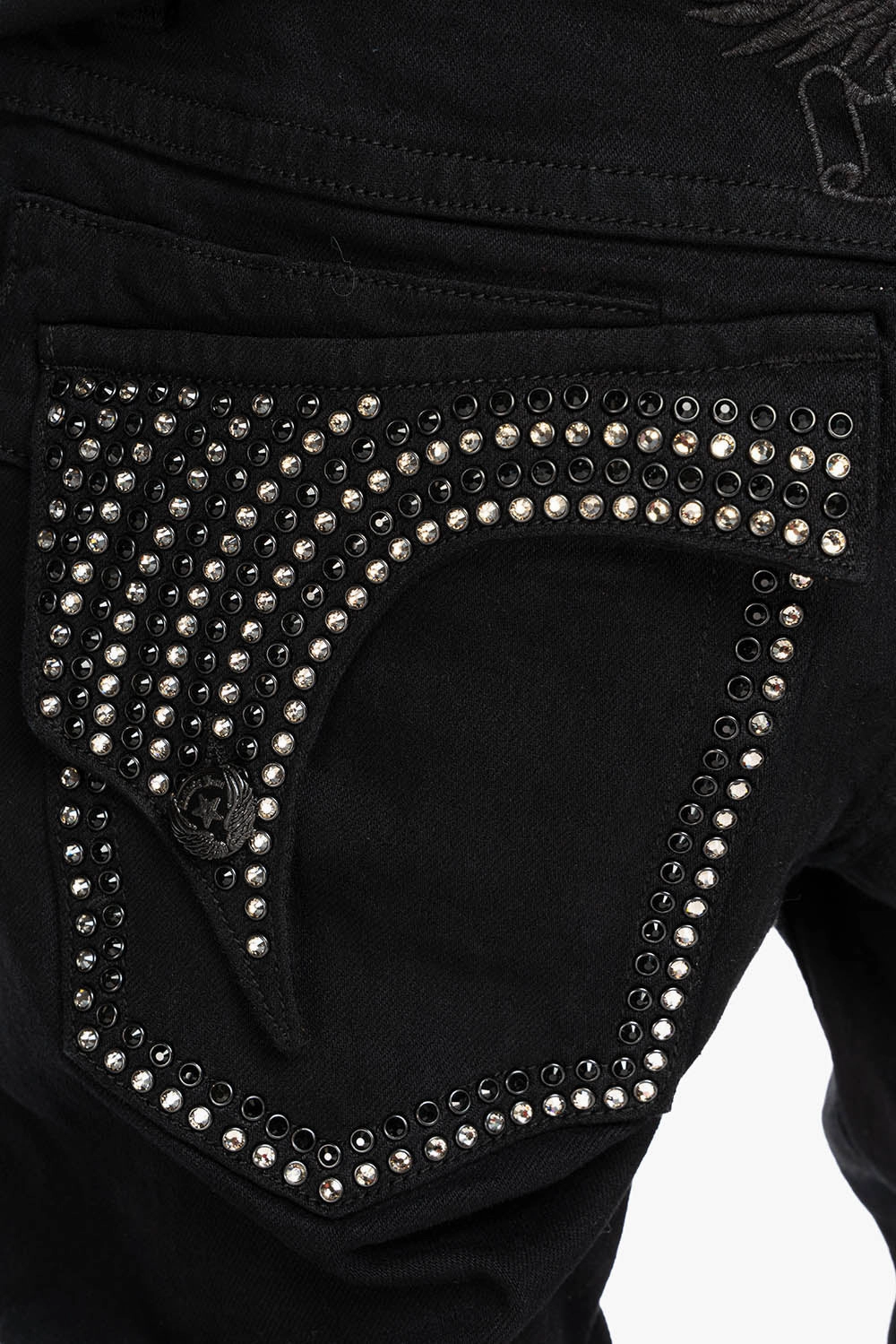 Street Essential KILLER FLAP SKINNY JEANS IN PURE BLACK WASH WITH CRYSTALS
