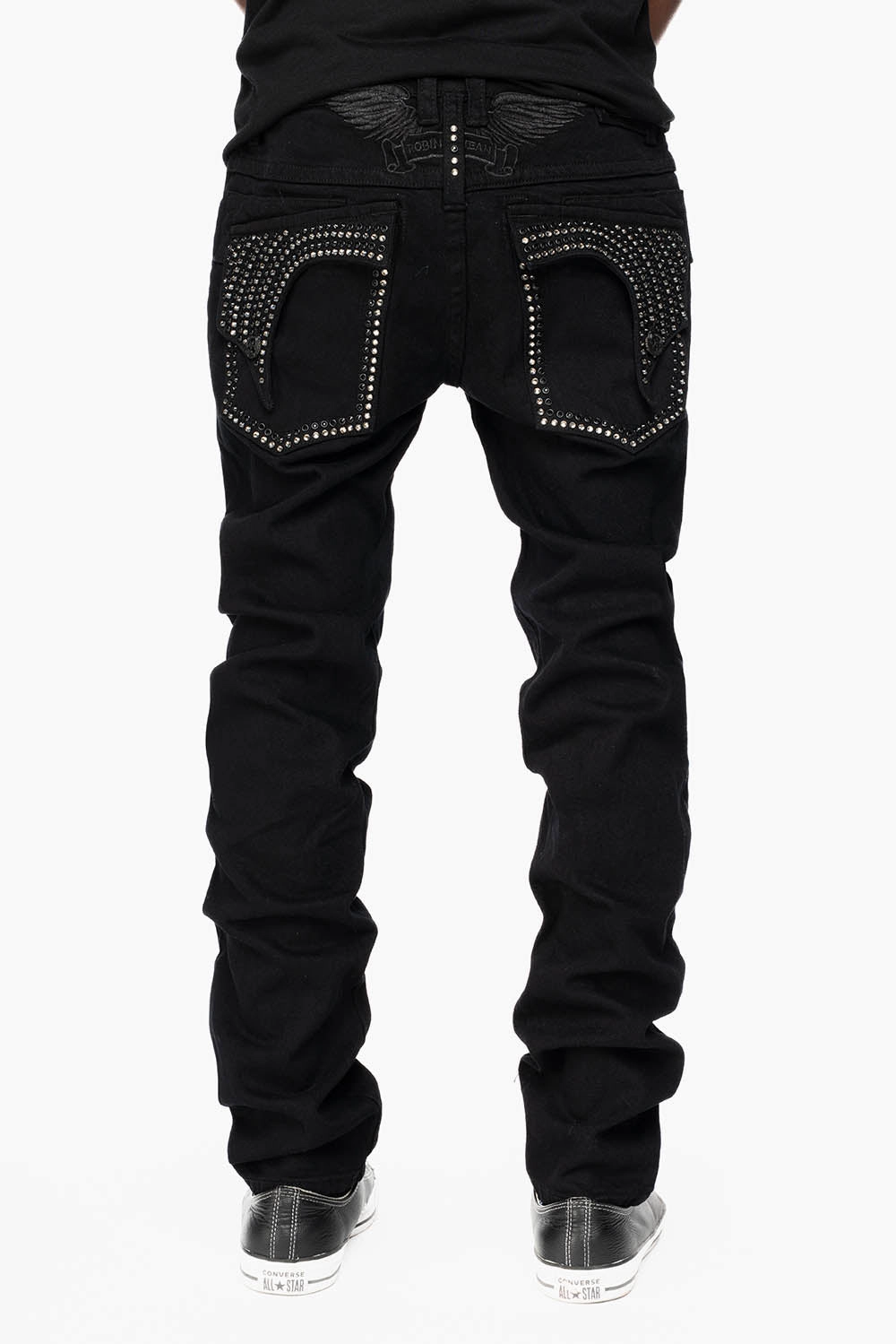 KILLER FLAP SKINNY JEANS IN PURE BLACK WASH WITH CRYSTALS Secure Closure System