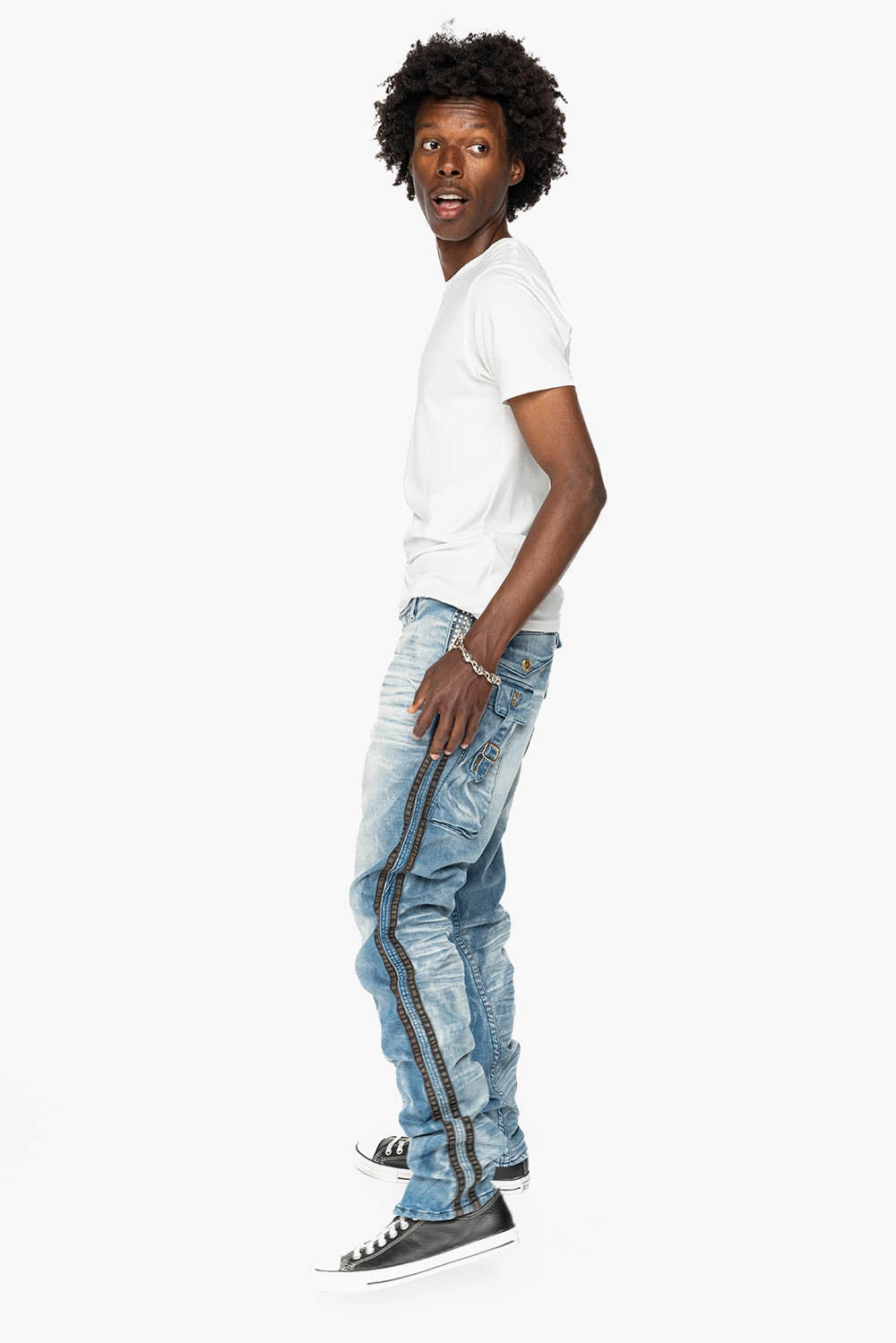 MENS LIMITED EDITION WARRIOR MILITARY JEAN- PANTS IN BLUE OMAHA LIGHT WASH WITH CRYSTALS Stylish Casual