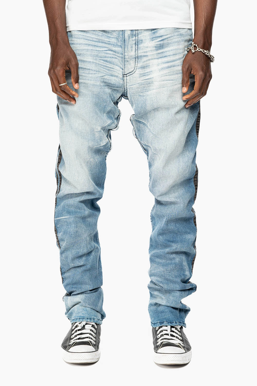 MENS LIMITED EDITION WARRIOR MILITARY JEAN- PANTS IN BLUE OMAHA LIGHT WASH WITH CRYSTALS Flexible Knee Panels Fit For Every Day