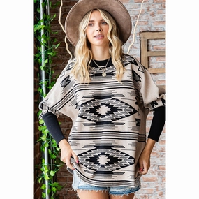 Women's Cream/Black Aztec Dolman Sweater Moisture Wicking Technology Tencel Blend Fabric