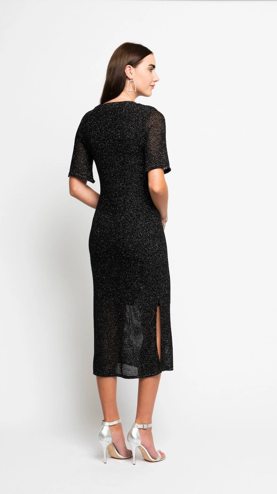 Timeless fitted silhouette Simona Shimmer Mesh Knit Short Sleeved Long Dress - Black Silver