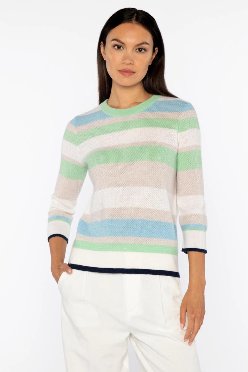 3 Quarter Sleeve Openwork Stripe Crew Breathable Open Weave
