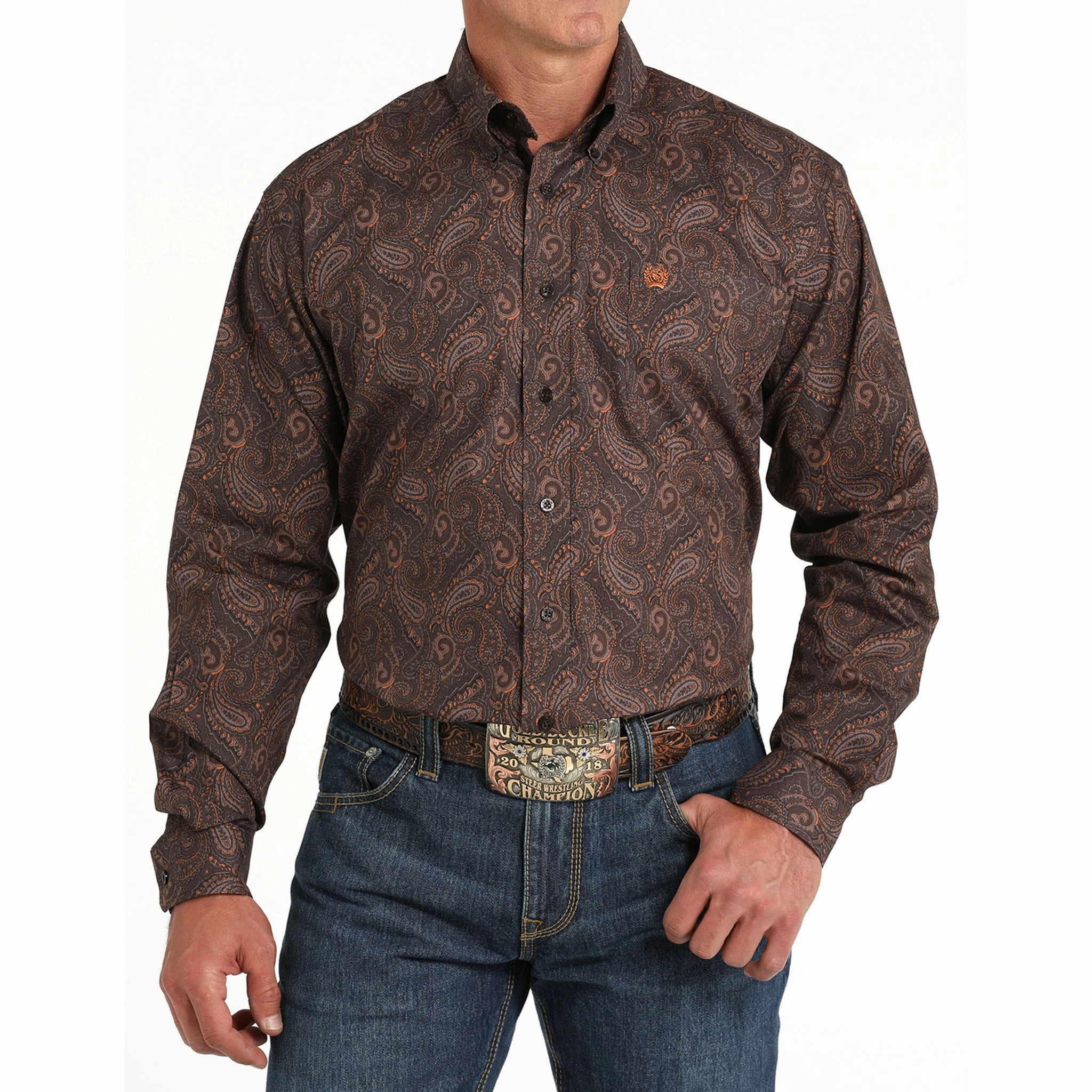 Moisture Management Tech Cinch Men's Brown Paisley Long Sleeve