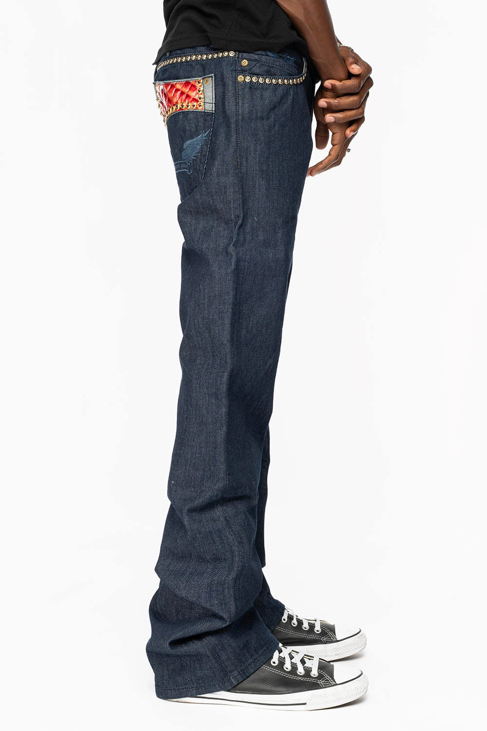 Cool Outfitters BOOT CUT JEAN WITH PATENT LEATHER POCKET  EMBELLISHED WITH CRYSTALS AND STUDS IN RINSE WASH