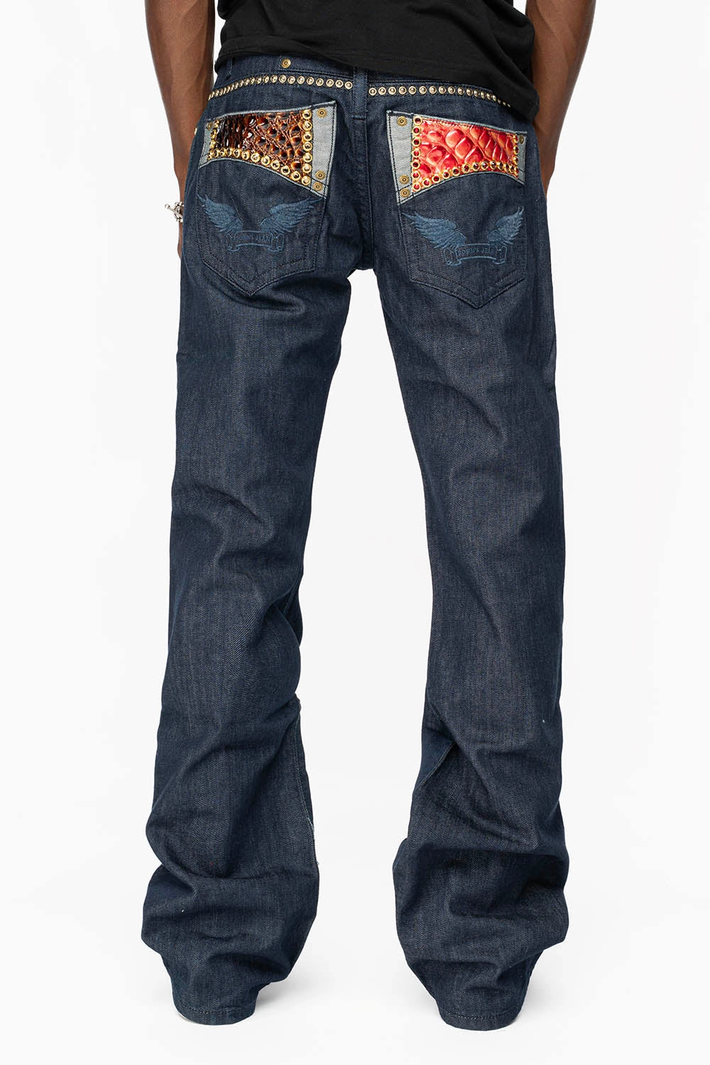 Nature Lover Gym Ready Music Event BOOT CUT JEAN WITH PATENT LEATHER POCKET  EMBELLISHED WITH CRYSTALS AND STUDS IN RINSE WASH