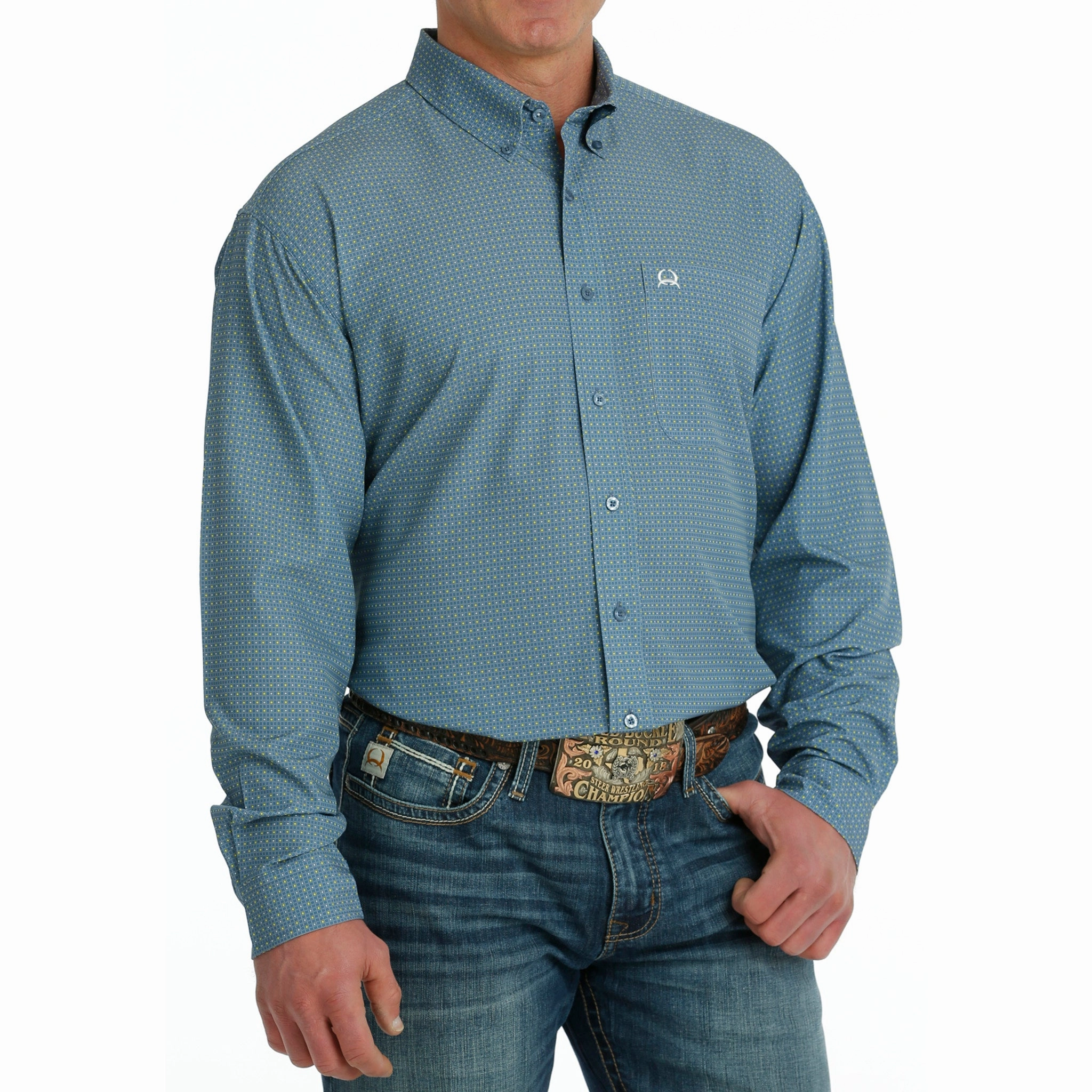 Checkered Print Cinch Men's Arena Flex Blue Long Sleeve