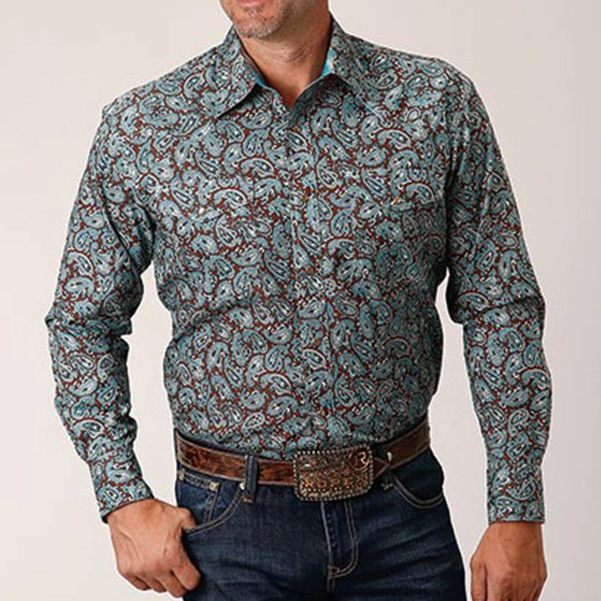Indoor Comfort Chill Fit Roper Men's Turquoise Brown Paisley Shirt